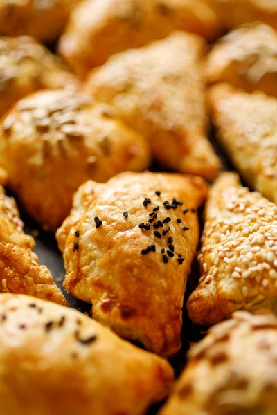 Puff Pastry Various Fillings Sprinkled Seeds French Pastry Stuffed Mushrooms — 스톡 사진