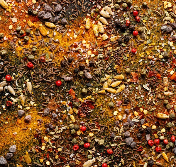 Spices background, set of aromatic spices, herbs and salt, top wiew, copy space, close-up