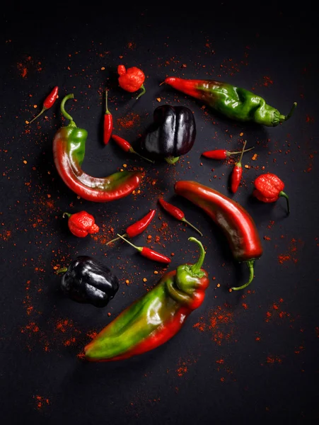 Peppers Different Types Colors Black Background Vegetable Background — Stok Foto