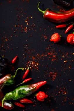 Siyah arka planda farklı renk ve tipte biberler. Sebze arkaplanı, kopyalama alanı