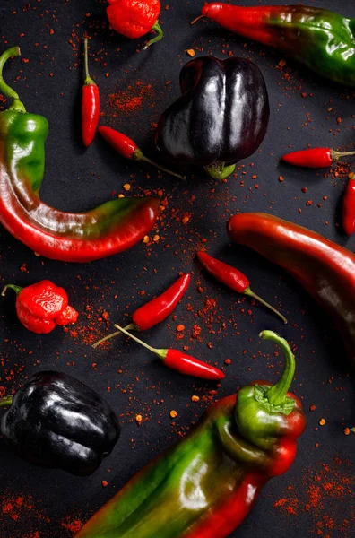 Pepper Dari Berbagai Jenis Dan Warna Pada Latar Belakang Hitam — Stok Foto