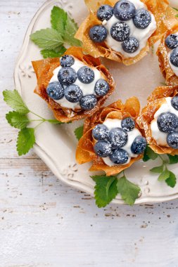 Mascarpone peynirli Phyllo bardakları üzerine taze yaban mersini serpiştirilmiş toz şeker serpiştirilmiş beyaz tabağa yakın, üst manzara. Lezzetli fileto pasta tatlısı