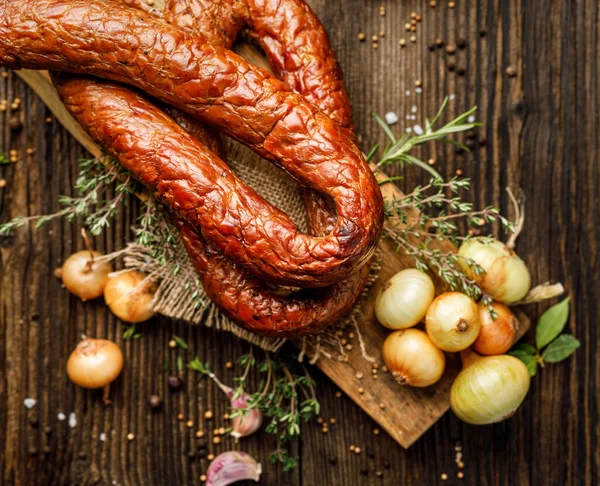 Smoked Sausage Wooden Rustic Table Addition Fresh Aromatic Herbs Spices — Stock Photo, Image