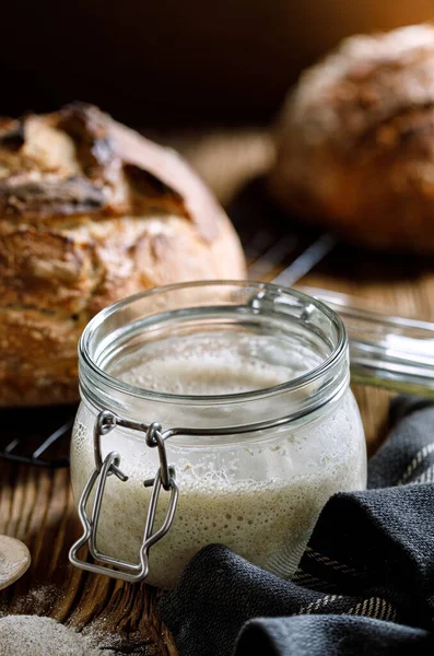 Jar Active Rye Sourdough Baking Bread Wooden Table Close — Stock Photo, Image