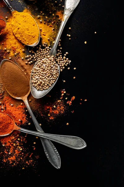 Various Spices Spoons Black Background Copy Space — Stock Photo, Image