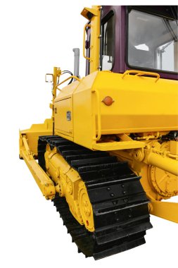 Beyaz arka plan üzerinde izole bir buldozer closeup arka ve yan görünümlerini