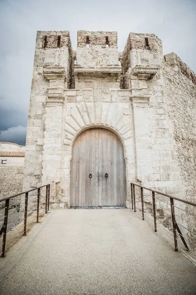 Particular view of the entrance to the castle of Maniace in Ortigia Siracura. Vertical view