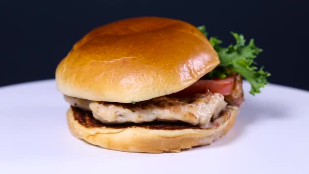 Frische appetitliche Hamburger rotierenden Hintergrund. — Stockvideo