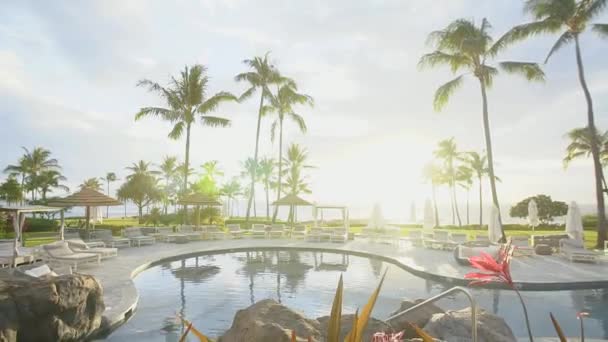 Hermoso lugar junto a la piscina para relajarse con chaise lounges de hotel resort montage kapalua con palmeras en el fondo del océano en el domingo en maui, hawaii — Vídeo de stock
