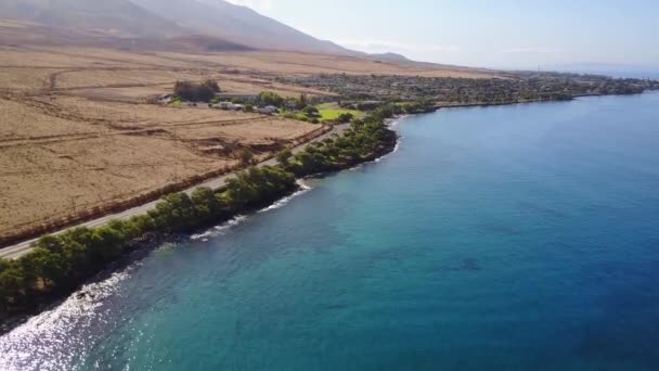 Prise de vue aérienne d'une belle côte avec de l'eau cristalline bleue et la nature volcanique de maui, hawaii — Video