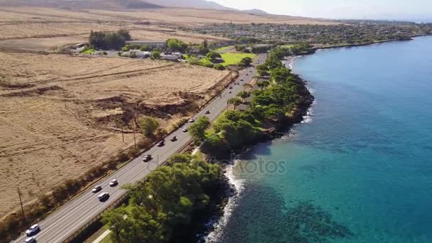 Merveilleuse photographie de diverses voitures voyageant sur la route entre les paysages volcaniques et le rivage de l'océan sur l'île de Maui, Hawaï — Video