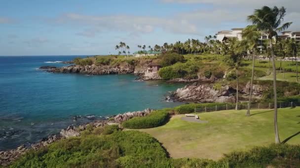 迷人的蓝色海洋，海岸线和棕榈树和豪华度假村蒙太奇卡帕鲁亚在毛伊岛，夏威夷的镜头 — 图库视频影像
