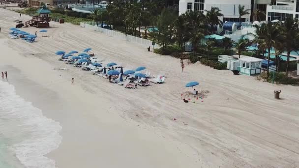 Imágenes aéreas de personas en la playa del océano de arena cerca de un hotel de lujo y árboles exóticos en la playa de las islas soleadas, miami — Vídeos de Stock