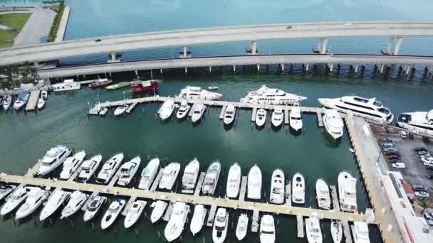 Luftaufnahmen von Yachten und Booten im Hafen von Miami, sonniger Inselstrand — Stockvideo