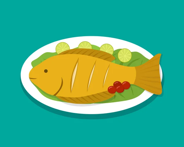 Vista superior de pescado frito en la placa blanca, vector — Vector de stock