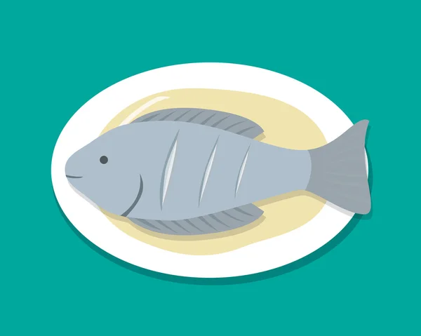 Vista superior Pescado al vapor en placa blanca, vector — Vector de stock