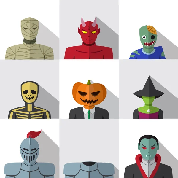 Conjunto de personas con disfraz de Halloween en iconos planos — Vector de stock
