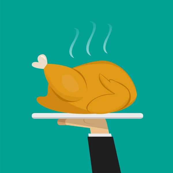 Ruka číšník obsluhující pečené kuře na talíři — Stockový vektor