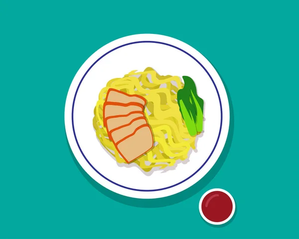 Sopa de fideos con huevo seco y cerdo asado rojo, Vista superior — Vector de stock