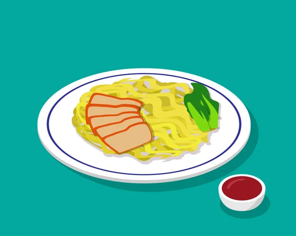Soupe de nouilles aux oeufs secs avec rôti de porc dans le style 3d — Image vectorielle
