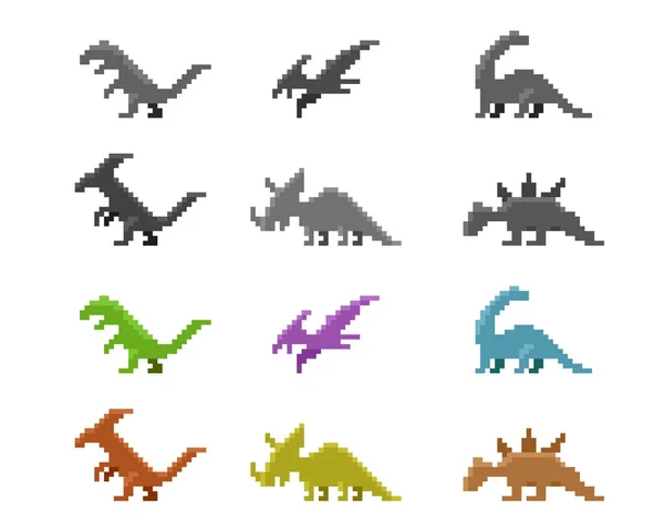 Conjunto de iconos de dinosaurios en el estilo de píxeles de color, vector — Vector de stock