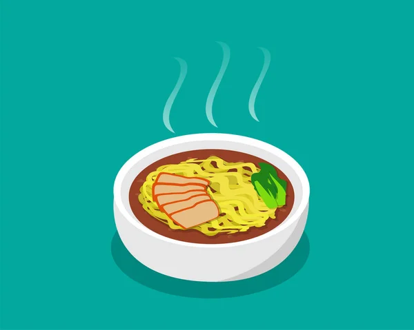 Huevo sopa de fideos con cerdo asado y sopa en 3d — Vector de stock