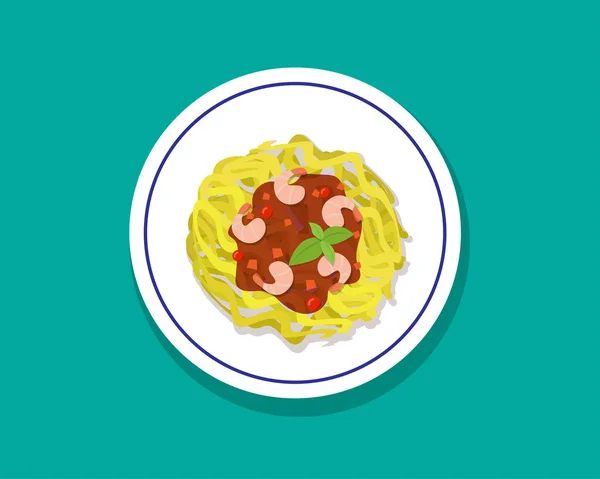 Espaguetis con gambas y albahaca en estilo plano, vector — Vector de stock