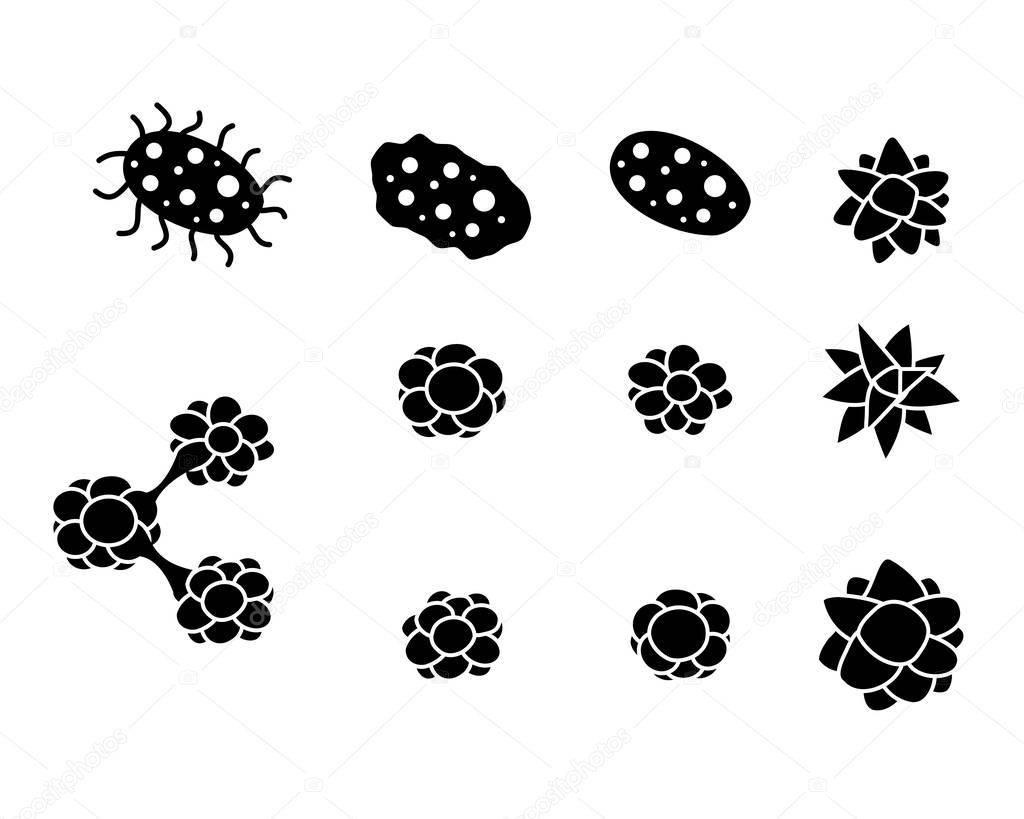 Set of virus and cancer cell icons in silhouette