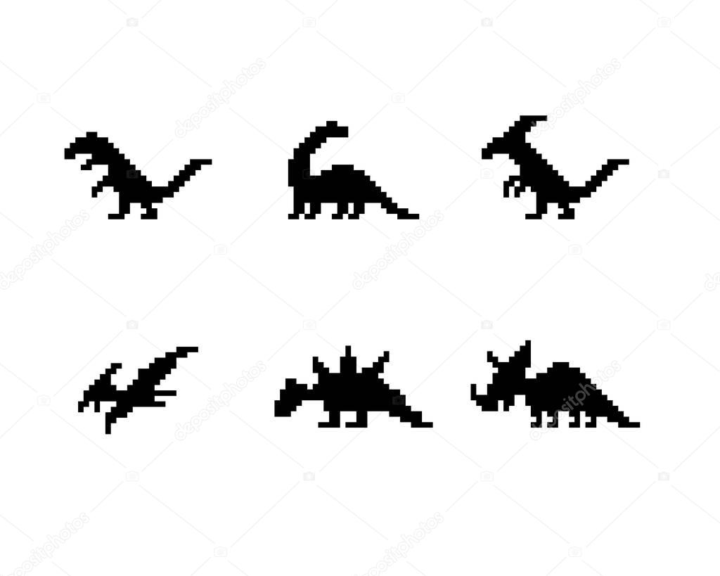 Set of dinosaur icons in silhouette pixel style, vector