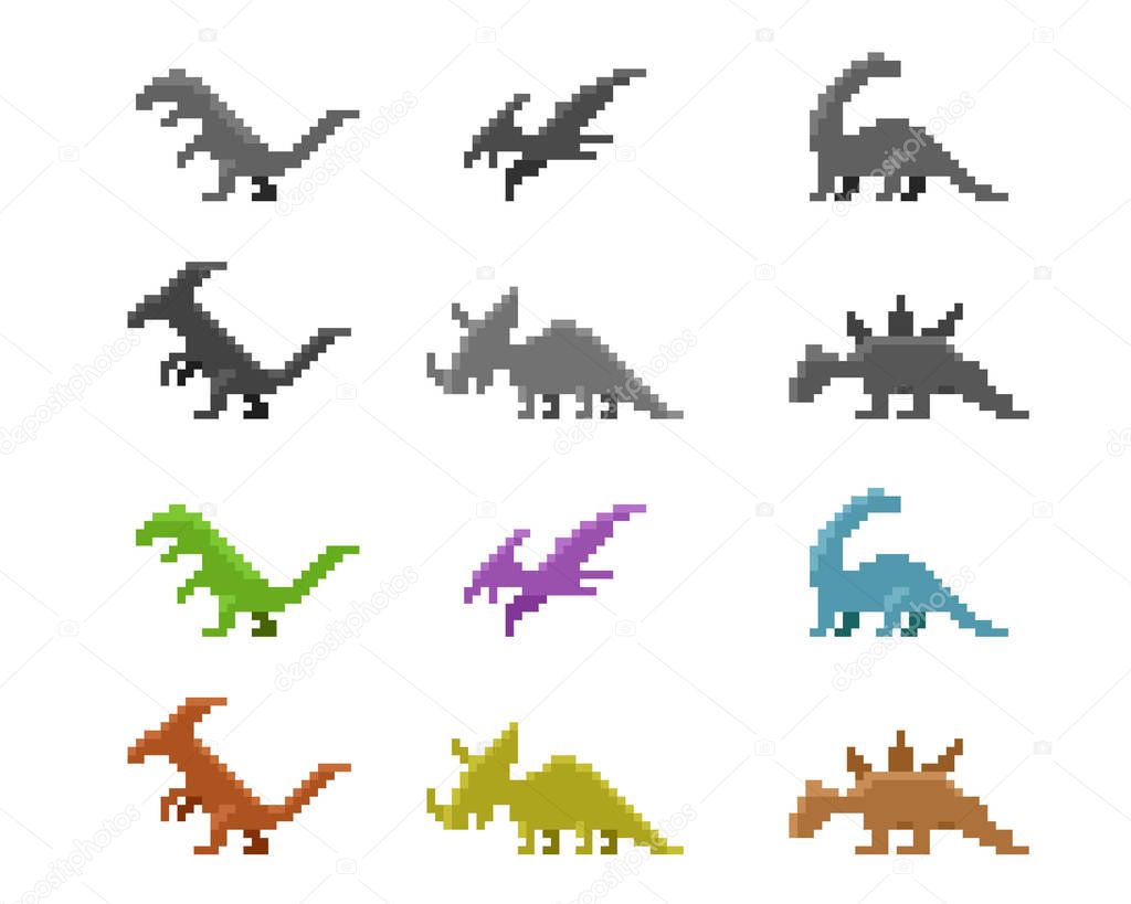 Set of dinosaur icons in color pixel style, vector