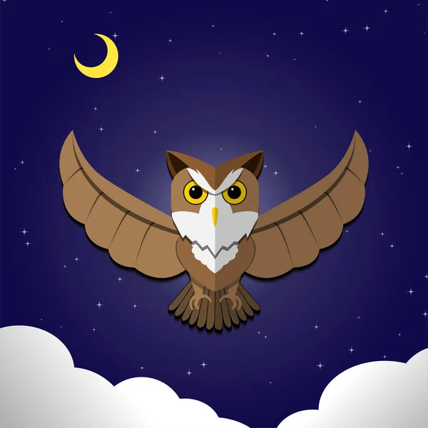 Gece arka plan, önden görünüm, vektör uçan baykuş — Stok Vektör