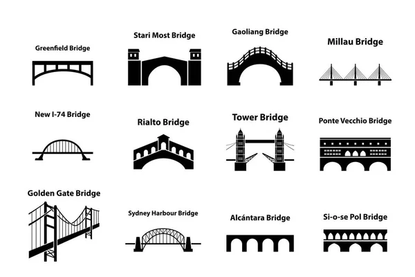 Conjunto de ícones de referência de ponte em estilo silhueta —  Vetores de Stock
