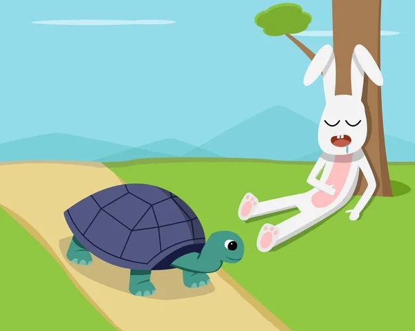 Rabbit sleep under tree while tortoise run on road — Stock Vector