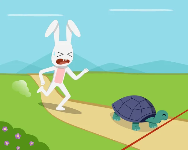 Rabbit and tortoise go to finish line, vector — Stock Vector