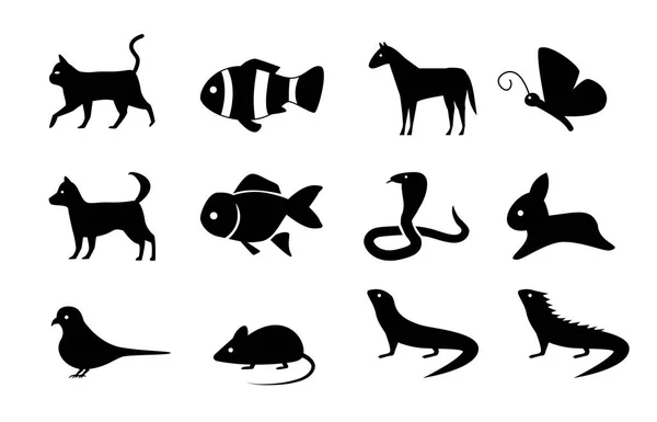 Conjunto de iconos animales en estilo silueta, vector — Vector de stock