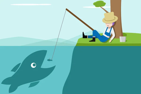 Pescador dormido perdiendo la oportunidad de conseguir peces grandes — Vector de stock