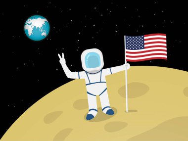 Astronaut on moon surface with US flag, vector clipart