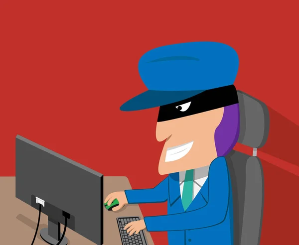 Hacker est heureux lors du piratage par ordinateur de bureau — Image vectorielle