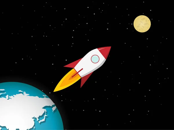 Rocket go to the moon from earth, vector — Stock Vector