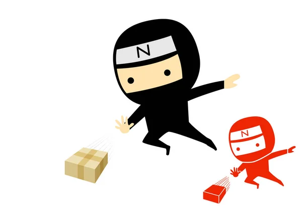 Ninja menino saltar e enviar uma caixa de produto, arte vetorial — Vetor de Stock