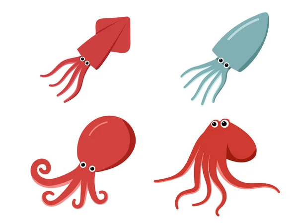 Squid, octopus and cuttlefish in flat, vector — Stock Vector