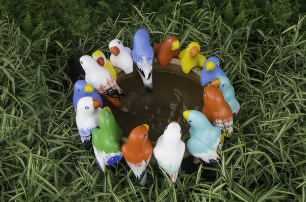 Grupo de estátua de pássaro estão reunidos no jardim — Fotografia de Stock