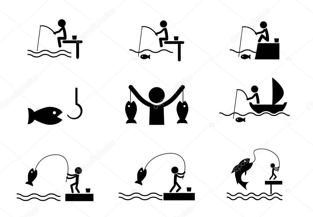 Set of fishing icons in silhouette style, vector