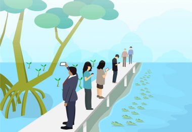 Tourist in mangroves with mudskipper, vector art clipart