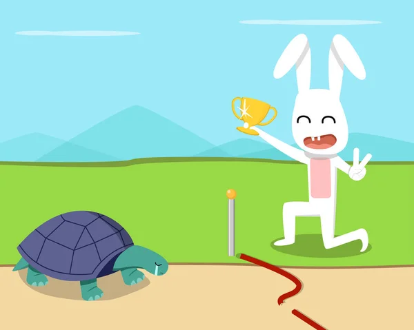 Konijn wint de schildpad in de race, vector design — Stockvector