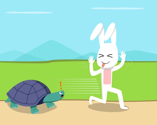 Rabbit ran over the turtle, vector design — Stock Vector