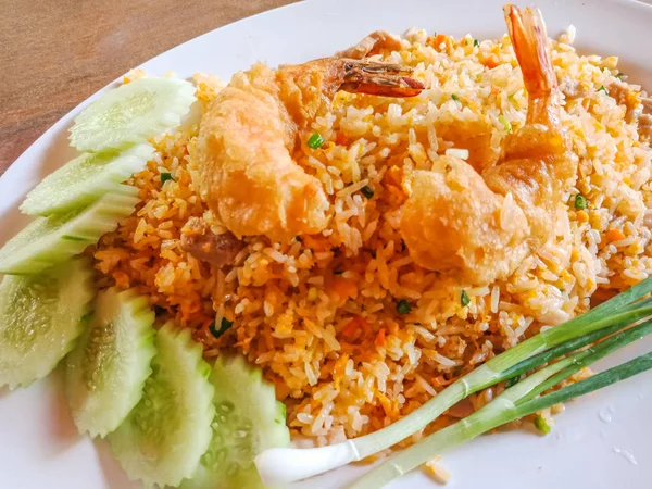 Closeup Thai fried rice with big shrimp on table