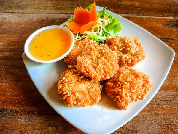 Thai Shrimps Cakes Banana Leaf White Plate — Stok Foto