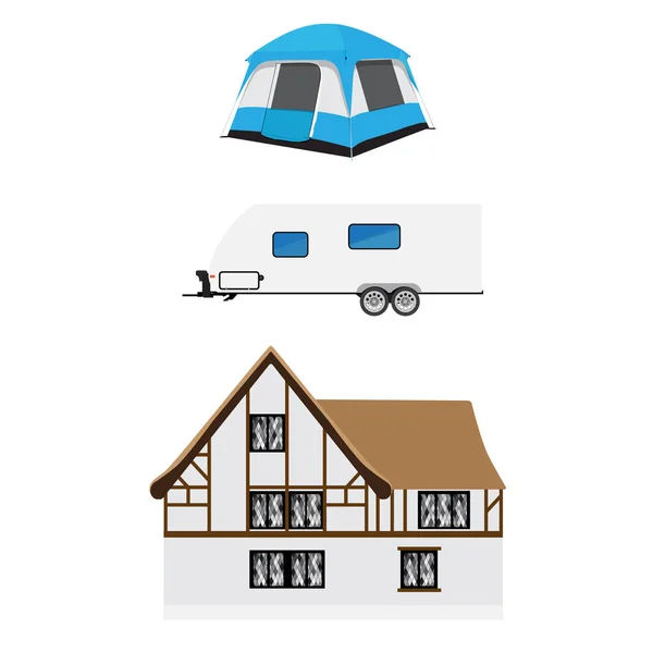 Трейлер, палатка и средневековый дом — стоковый вектор
