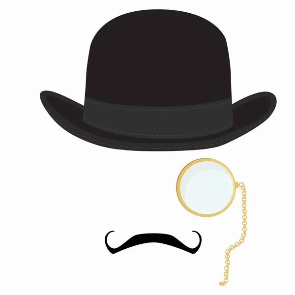Sombrero de caballero, bigote y monóculo — Vector de stock